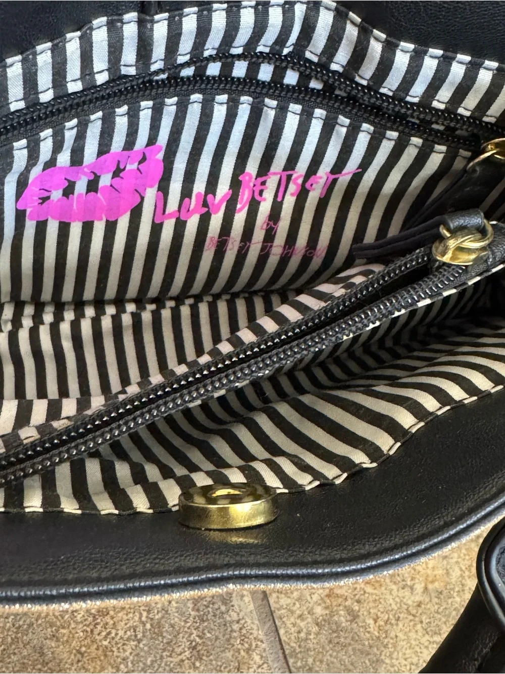 Luv Betsey by Betsey Johnson Striped Satchel Handbag Black White Gold Y2K